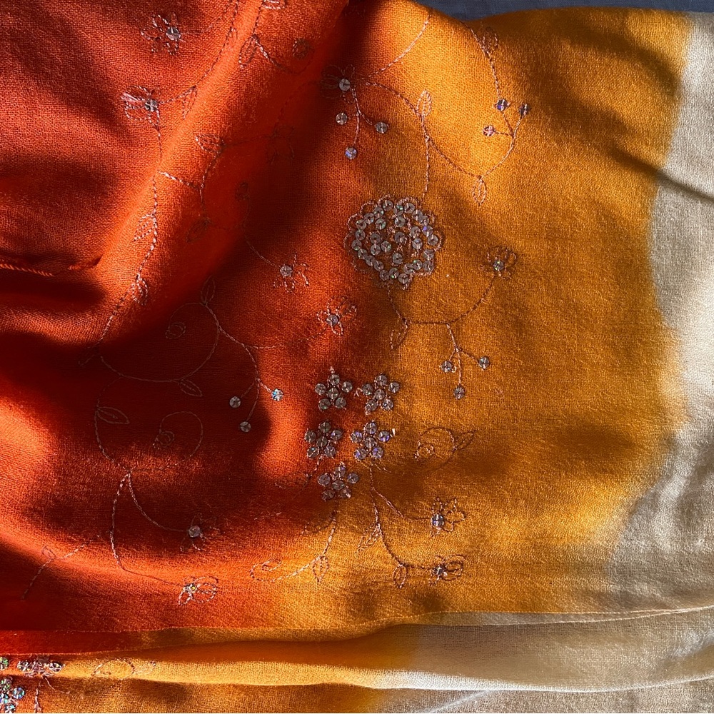 Ombre Pashmina Orange Creamsicle Shawl Fine Wool Beaded Embroidery Fringe Scarf - Picture 3 of 7